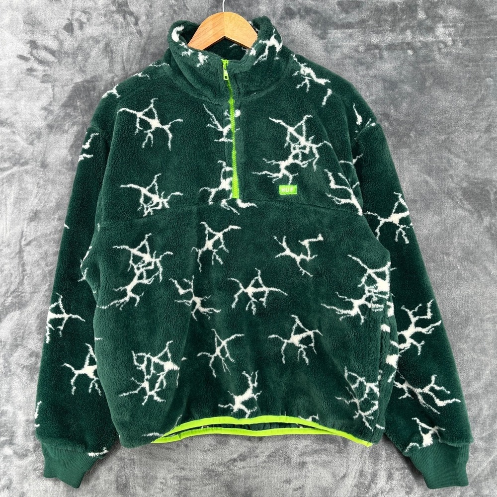 HUF Quake Sherpa Fleece Jacket Men's Medium Green 1/4 Zip Pullover Skateboarding
